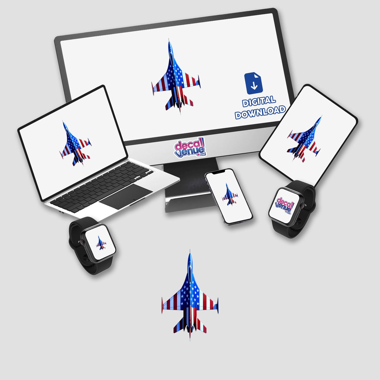 A Cool American Flag Fighter Jet artwork displayed on a computer monitor, featuring a vibrant depiction of a jet with American flag colors, available as stickers or digital art.