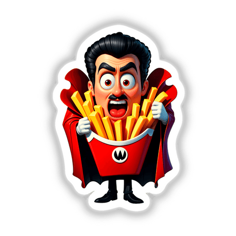 Funny Dracula French Fries cartoon, featuring a mustached character holding fries. Available as stickers or digital artwork, perfect for fans of quirky, unique designs from Decal Venue.