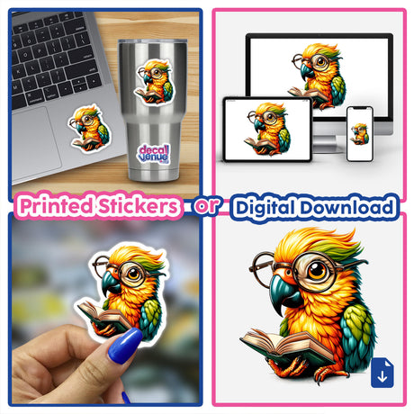 Parrot With Reading Glasses Open Book sticker collage, featuring a cartoon parrot reading. Available as vinyl stickers or digital art from Decal Venue, highlighting unique, animated designs.