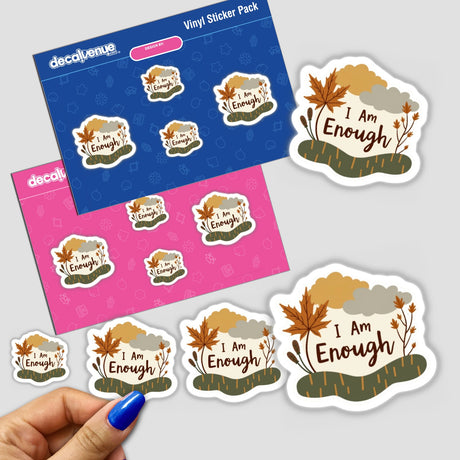 I Am Enough Positive Affirmation Sticker featuring text, trees, and clouds design; available as a sticker or digital artwork for mental health and self-worth.