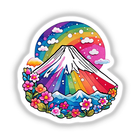 Rainbow Mt. Fuji Japan illustration featuring vibrant flowers and whimsical clouds, available as unique stickers or digital artwork from Decal Venue.