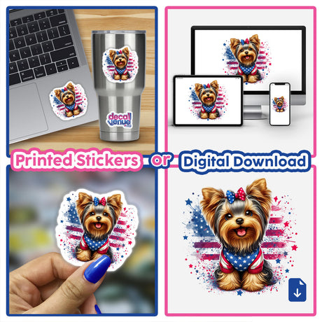 Patriotic Yorkie dog with American flag splatter design on printed sticker and digital download artwork.