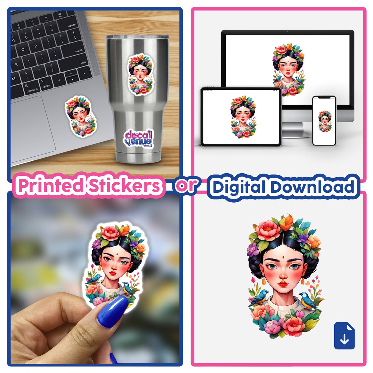 Frida-Inspired Floral Portrait Sticker featuring a woman adorned with flowers on her head, perfect for laptops, cups, and more. Unique botanical design from Decal Venue.