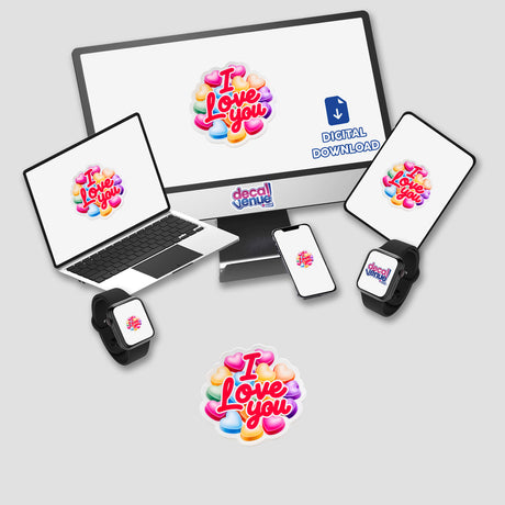 I Love You Valentine's Day Candy Hearts sticker displayed on a computer monitor alongside a laptop, tablet, and phone, highlighting its digital and physical formats from Decal Venue's unique collection.