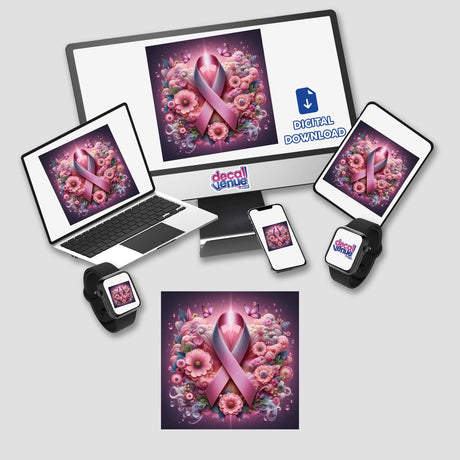 Breast Cancer Silver Series 3 features a computer monitor and laptop displaying pink ribbons, symbolizing breast cancer awareness. Available as unique stickers or digital artwork.