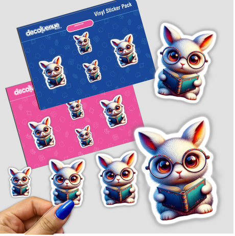 Bunny Rabbit With Reading Glasses Open Book sticker pack featuring cartoon rabbits reading. Available as unique vinyl stickers or digital artwork from Decal Venue.