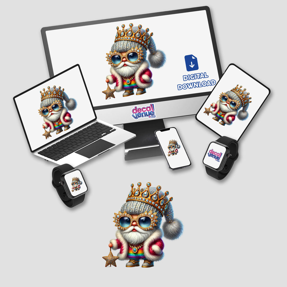 Whimsical digital artwork of a blinged-out Santa gnome with a crown, sunglasses, and accessories, displayed across various digital devices and platforms including a laptop, smartphone, and smartwatch.