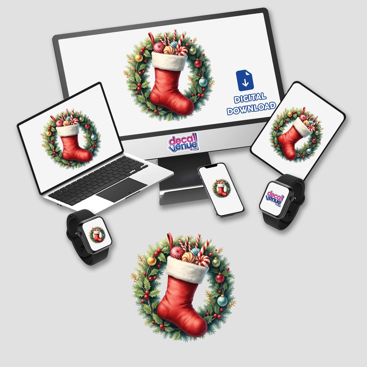 Stocking in a Christmas Wreath depicted on a computer screen and laptop, showcasing festive digital artwork. Available as stickers or digital art from Decal Venue.