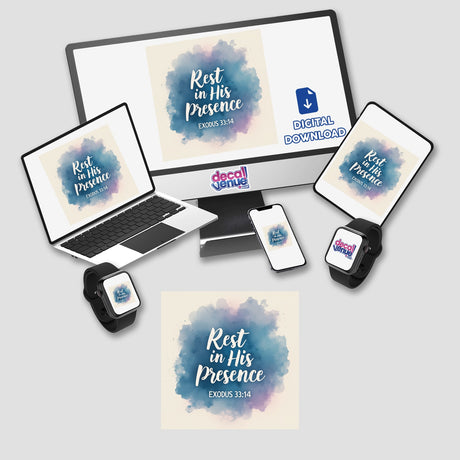 Rest in His Presence – Exodus 33:14 Christian Sticker or Clipart showcasing a blue and purple watercolor splash, suitable for digital artwork or sticker applications with commercial rights.