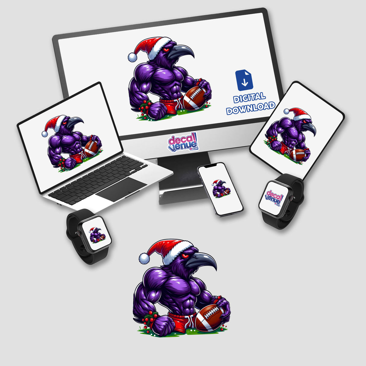 Muscular Purple Raven Bird in Santa Hat, holding a football, displayed across various devices, emphasizing its availability as unique stickers or digital artwork from Decal Venue.