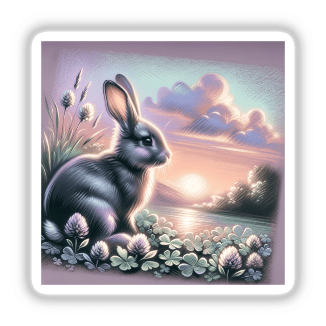 Rabbit on a Clover Patch: An artistic depiction of a rabbit sitting amidst a field of clovers, available as stickers or digital artwork, reflecting Decal Venue's unique collection.