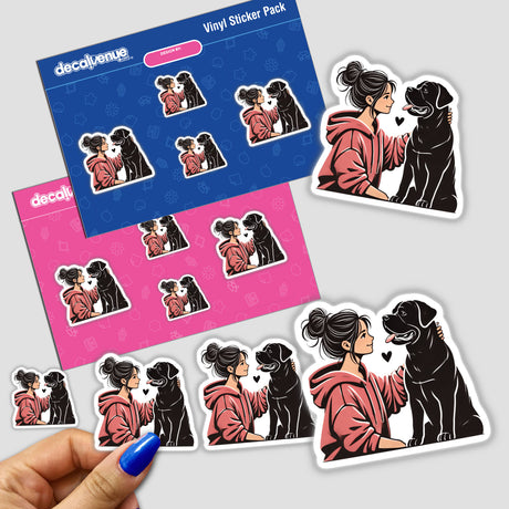 Lady Loves Her Rottweiler Dog sticker featuring a cartoon woman lovingly holding a playful black dog with its tongue out, available as a vinyl sticker or digital artwork.