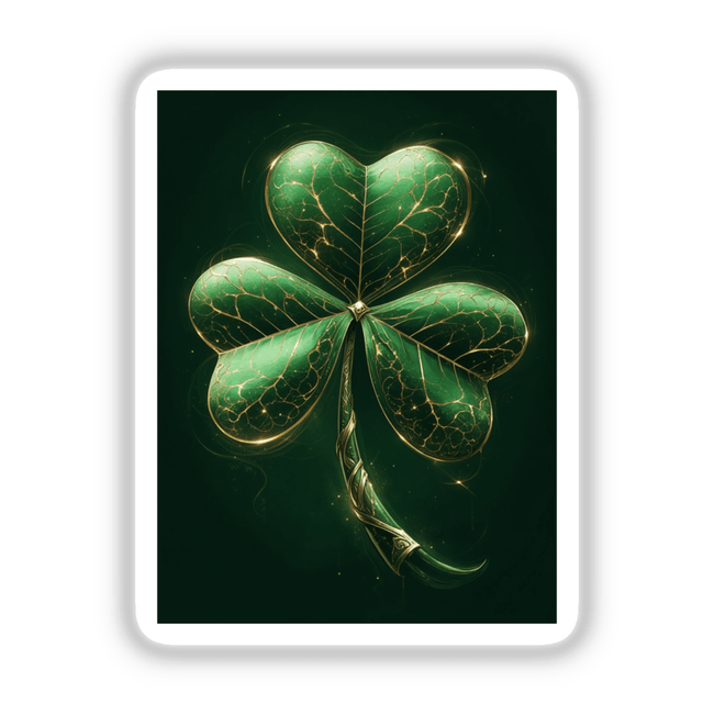 Regal Shamrock: A green clover with gold veins and an ornate stem, available as stickers or digital artwork, showcasing Decal Venue's unique vinyl sticker and digital art offerings.