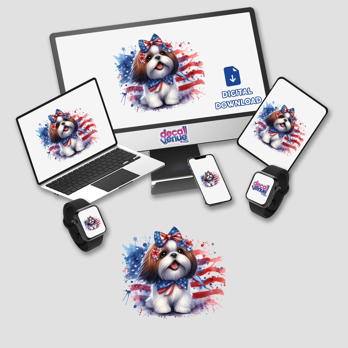 Patriotic Shih Tzu Dog American Flag Splatter displayed on a computer monitor and laptop, available as stickers or digital artwork.