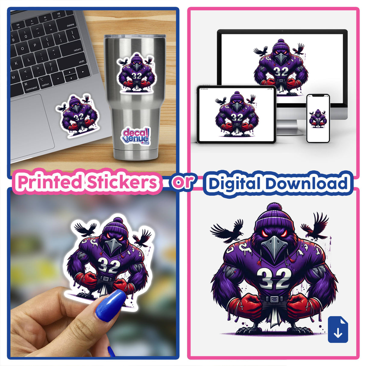 Collage featuring a laptop adorned with a Purple Raven Bird Wearing Football Jersey III sticker, and a person holding the same sticker. The cartoon raven wears a jersey and gloves.