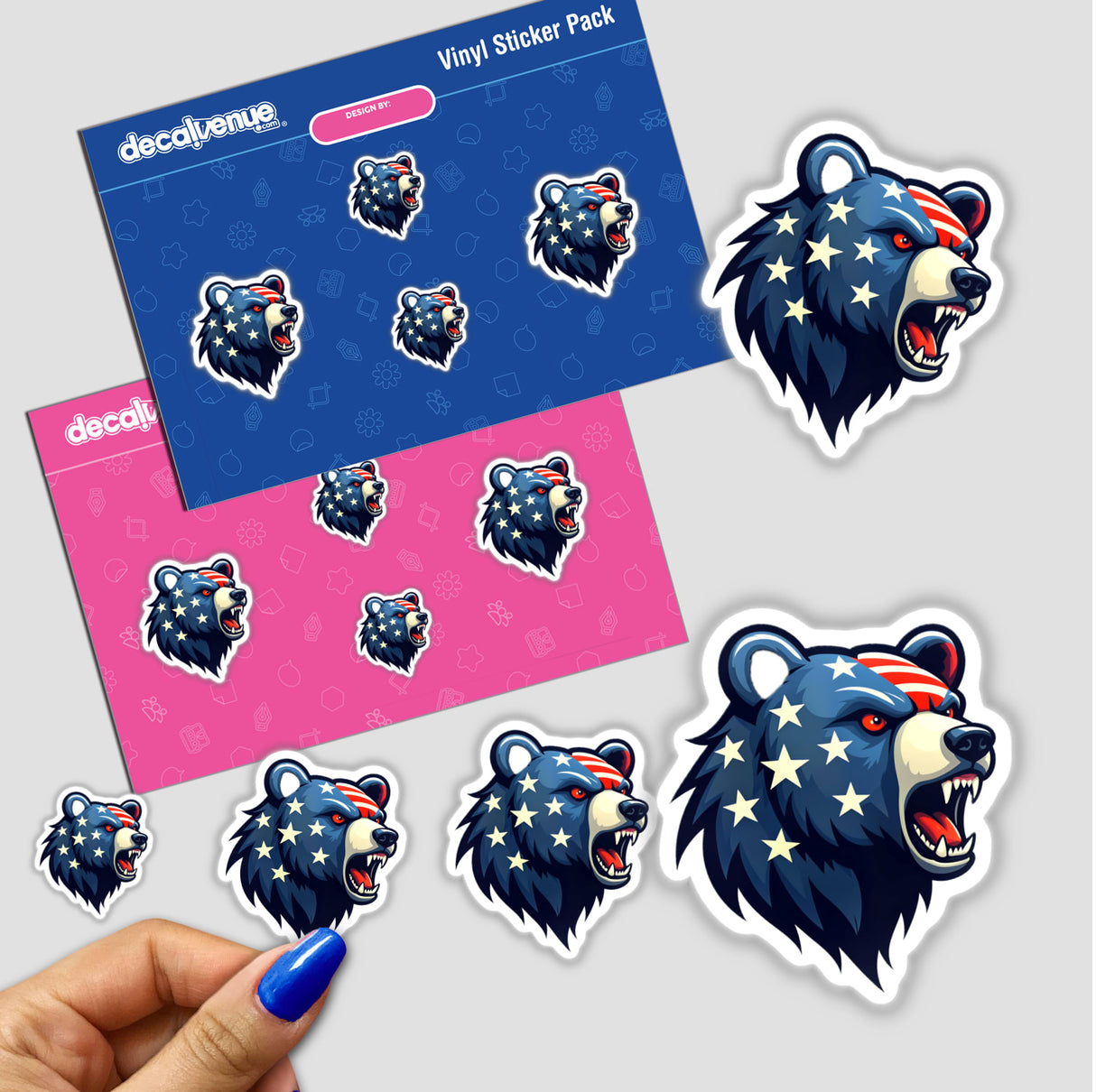 Sticker featuring 'A Cool American Flag Bear' with stars and stripes, ideal for personalizing items. Available as stickers or digital artwork, reflecting Decal Venue's unique artistic flair.