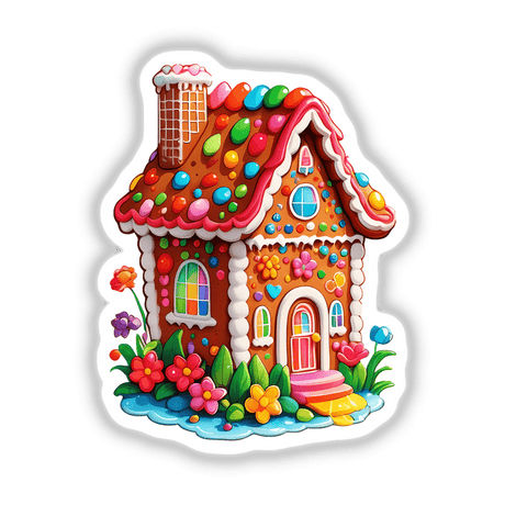 Adorable Gingerbread House Sticker - Delightful Kawaii Holiday Design: A cartoon gingerbread house with flowers and grass, perfect for festive decoration. Available as stickers or digital artwork.