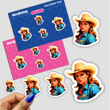 A Cute American Cowgirl sticker featuring a cartoon woman in a cowboy hat, available as both a physical sticker and digital artwork.