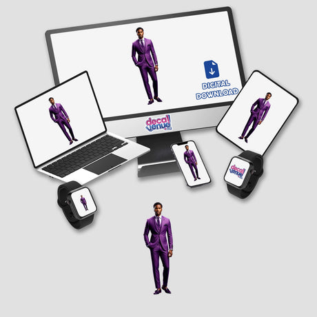 Handsome Male Model depicted in a purple suit, featured in a cartoon-style image. Available as stickers or digital artwork from Decal Venue, showcasing unique sticker and digital art designs.