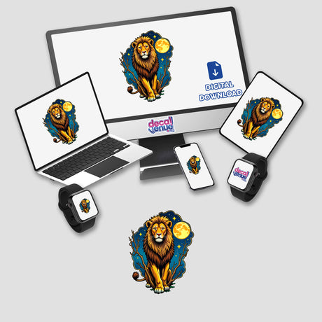 Cool Lion With A Starry Night design displayed on various devices, including a laptop and computer monitor, available as stickers or digital artwork from Decal Venue.