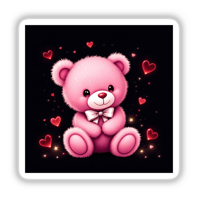 Pink Teddy Bear with White Bow and Red Hearts, available as stickers or digital artwork, showcasing a charming pink teddy bear adorned with a white bow, surrounded by red hearts.