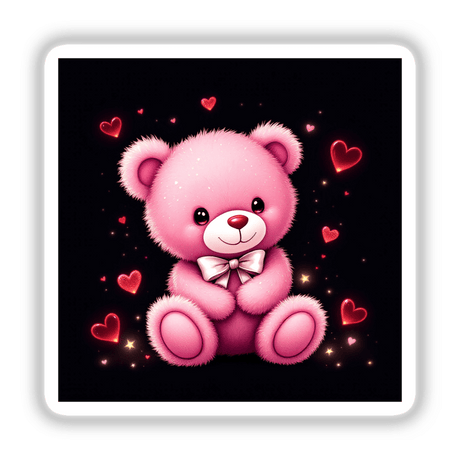 Pink Teddy Bear with White Bow and Red Hearts, available as stickers or digital artwork, showcasing a charming pink teddy bear adorned with a white bow, surrounded by red hearts.