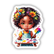 Rainbow Splatter Artist: Girl Painting with Brush in Hand, cartoon of a girl painting, available as stickers or digital artwork from Decal Venue.