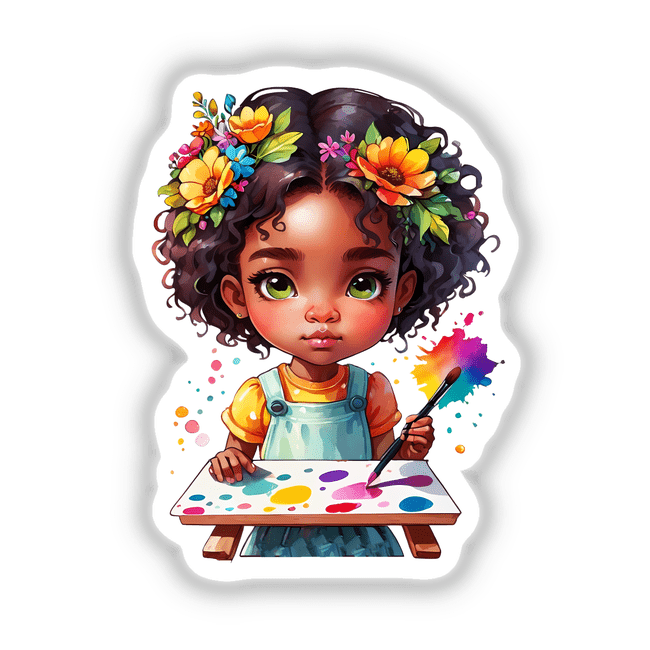 Rainbow Splatter Artist: Girl Painting with Brush in Hand, cartoon of a girl painting, available as stickers or digital artwork from Decal Venue.