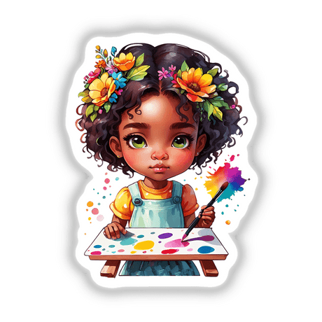 Rainbow Splatter Artist: Girl Painting with Brush in Hand, cartoon of a girl painting, available as stickers or digital artwork from Decal Venue.