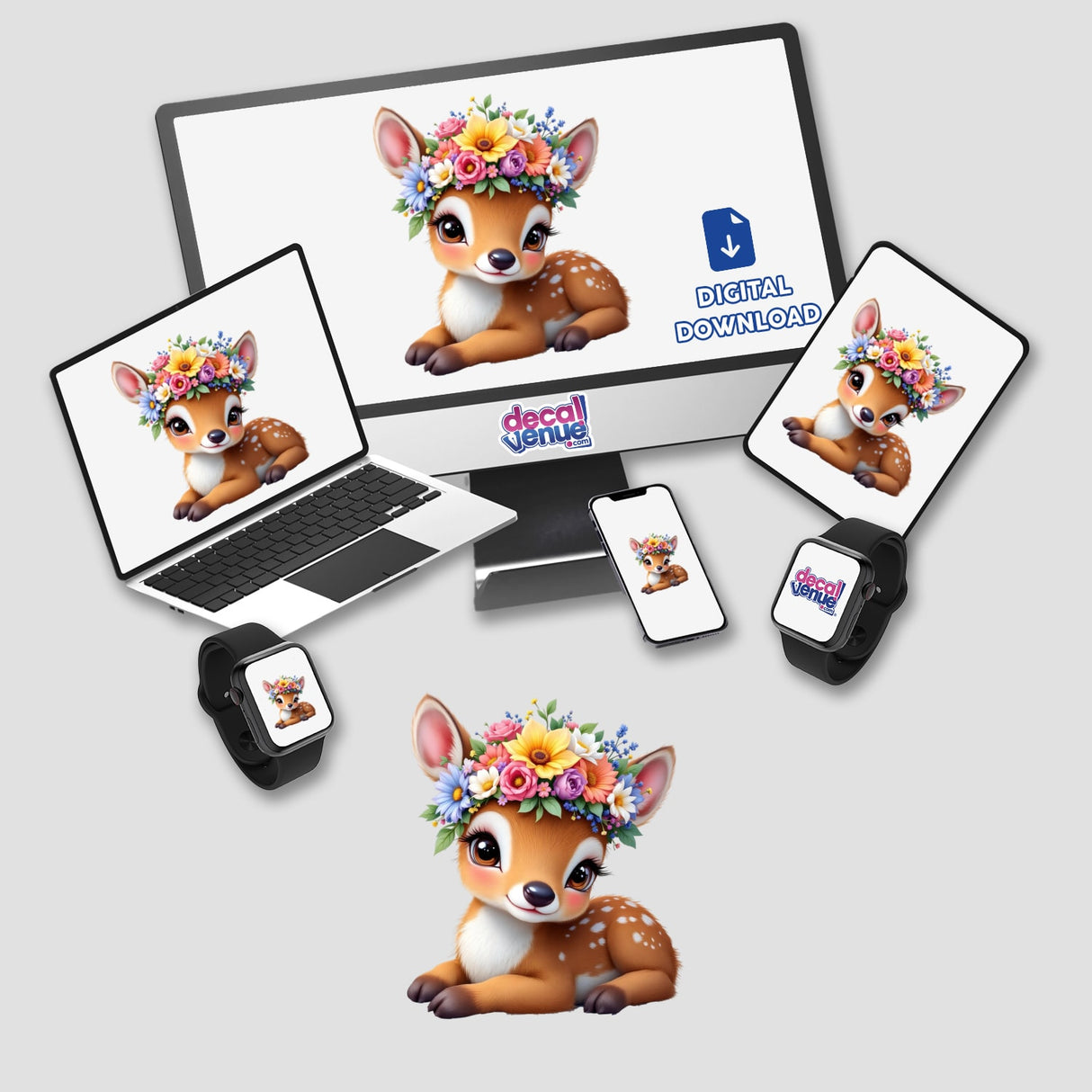 Delicate Fawn Wearing a Flower Crown displayed on a computer monitor and laptop, showcasing a charming cartoon deer with floral accents, available as stickers or digital artwork from Decal Venue.