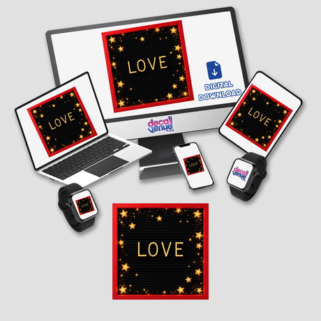 Red Letterboard with Gold “LOVE” Letters and Fairy Lights, featuring a striking arrangement on a computer screen, available as stickers or digital artwork from Decal Venue.