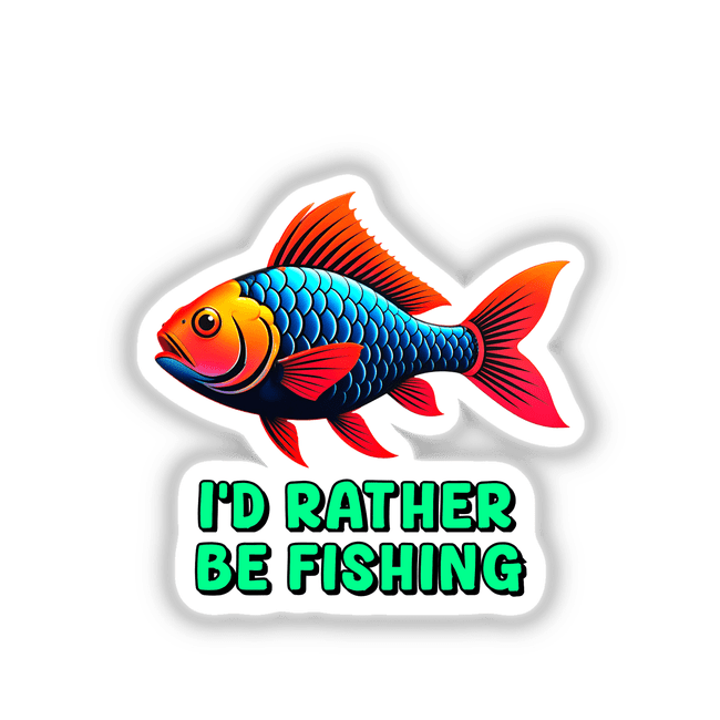 I'd Rather Be Fishing' sticker or digital art featuring a vibrant fish illustration with a prominent orange and blue tail, ideal for fishing enthusiasts seeking unique decor from Decal Venue.