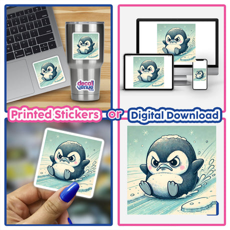 Collage featuring Grumpy Penguin Sliding on Ice as stickers and digital artwork, with cartoon penguins on various devices and a hand holding a penguin picture.