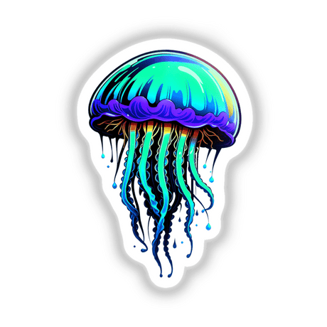 Blue Jellyfish artwork featuring intricate, bioluminescent tentacles, available as a sticker or digital piece at Decal Venue, showcasing unique marine life designs.