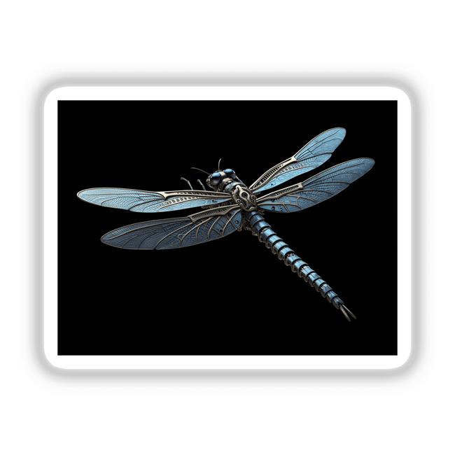 Mechanical Dragonfly with Blue Metallic Wings and Intricate Details, available as stickers or digital artwork, showcasing close-up features emphasizing the dragonfly's artistic design and craftsmanship.