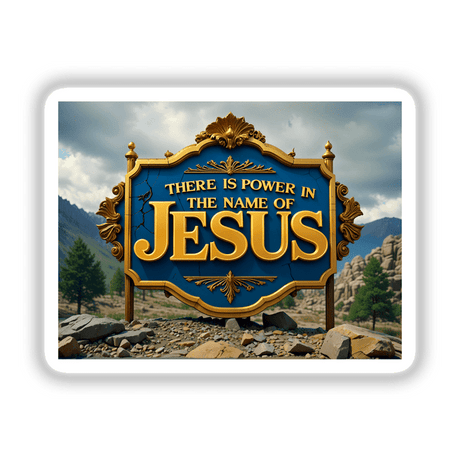 There Is Power In The Name Of Jesus Christian Quote displayed on a blue and gold sign with mountain and tree motifs, available as stickers or digital artwork.