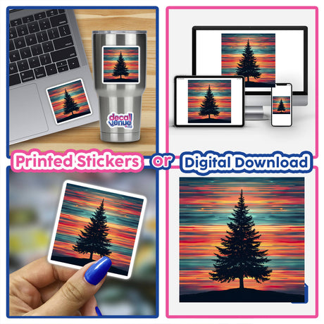 Christmas Tree Silhouette with Dynamic Stripes depicted on a laptop screen, with a close-up of a person's finger and a mug nearby, showcasing its availability as stickers or digital artwork.