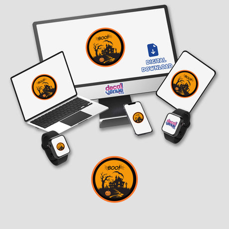 Halloween Boo-themed sticker or digital artwork featuring a house with pumpkins, displayed on various devices including a computer monitor, laptop, tablet, and watch.