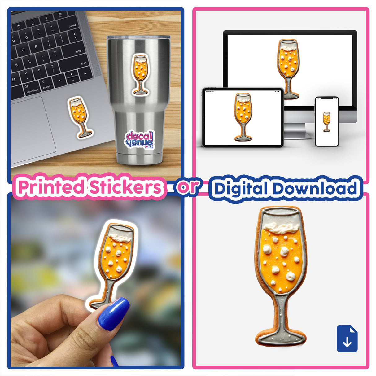 Champagne Glass Shaped Cookie with bubbly details for New Year, featuring intricate frosting and festive design, perfect for celebratory themes. Available as stickers or digital artwork from Decal Venue.