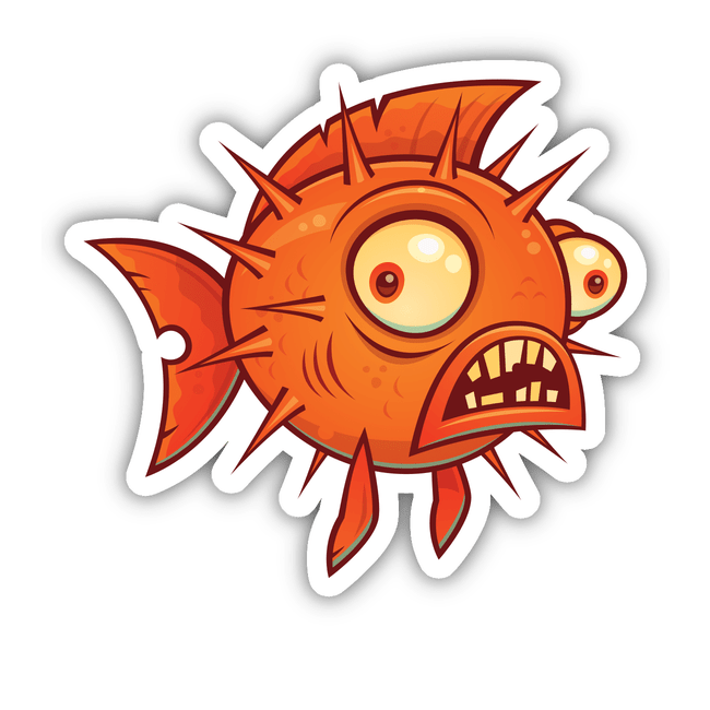 Cartoon-style Pufferfish sticker featuring sharp teeth and spikes, perfect for unique decoration or digital art projects from Decal Venue.