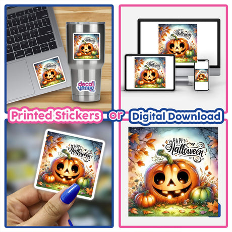 Bronze Halloween Series 3: Laptop with a smiling pumpkin sticker, close-up of a hand holding a card with a pumpkin and leaves, and digital artwork options visible.