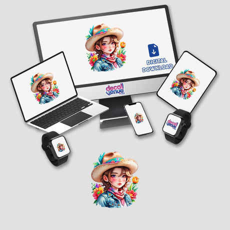 Cowgirl Chic: Hat and Bandana stickers and digital artwork featuring a cartoon girl in a cowboy hat displayed on a computer monitor, laptop, tablet, and smartwatch.