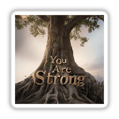 You Are Strong Affirmation Sticker featuring a tree with a large root system, promoting mental health and positivity. Available as stickers or digital artwork.