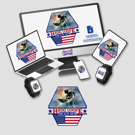 American Beach Bum design featured on a computer monitor and laptop, available as stickers or digital artwork, highlighting a surfing theme, perfect for unique digital or physical decor.