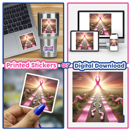 Journey to Recovery - Footsteps Leading to a Pink Ribbon: Collage featuring pink ribbon stickers, digital artwork, and a silver mug with the design, displayed on a laptop and various backgrounds.