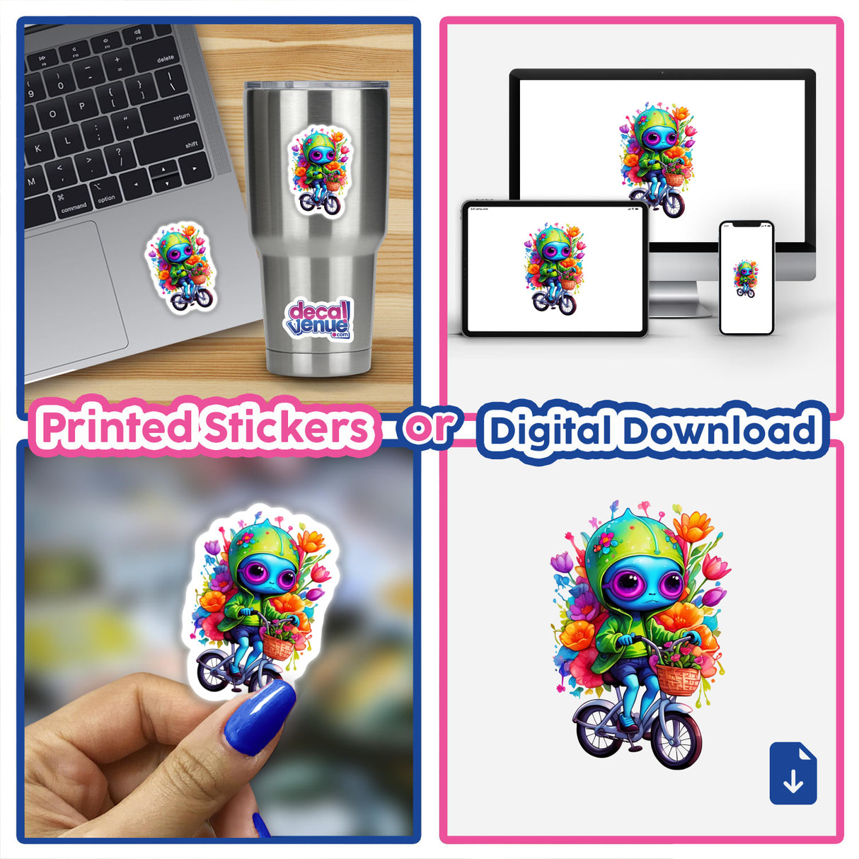 Cartoon character on a bike with flowers, featured in the Alien Biker: Floral Splash Rainbow design. Available as stickers or digital artwork.