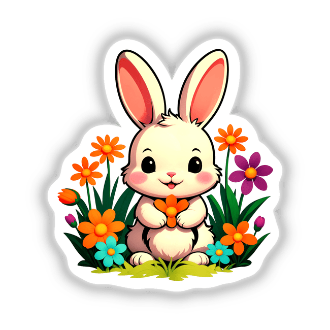 A Cute Rabbit With Blooming Spring Flowers