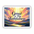 Great Is Thy Faithfulness Christian Quote displayed over a landscape with sun rays through clouds and a river valley, available as stickers or digital artwork from Decal Venue.