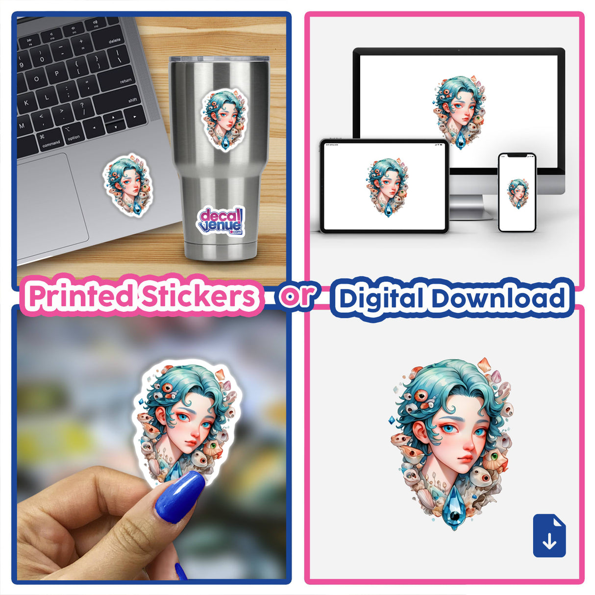 Sea-Inspired Anatomy Sticker features a woman's head adorned with coral reefs and shells, depicted in a collage of images including close-ups and a laptop with the sticker displayed.