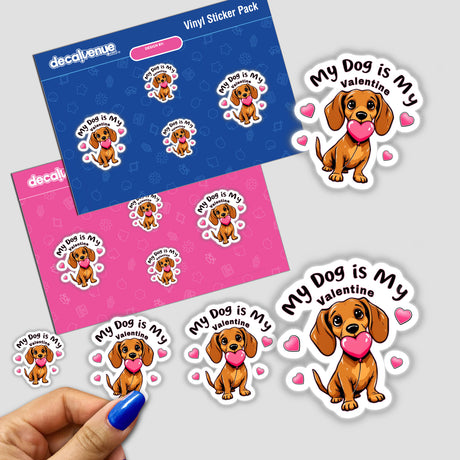 Valentine Dog Love stickers feature cartoon dogs with heart-shaped balloons, available as vinyl stickers or digital art from Decal Venue, showcasing charming canine designs perfect for Valentine-themed decor.